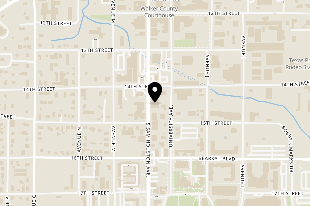 Map showing the location of City Hall Cafe & Pie Bar on 1421 Sam Houston Ave in Huntsville